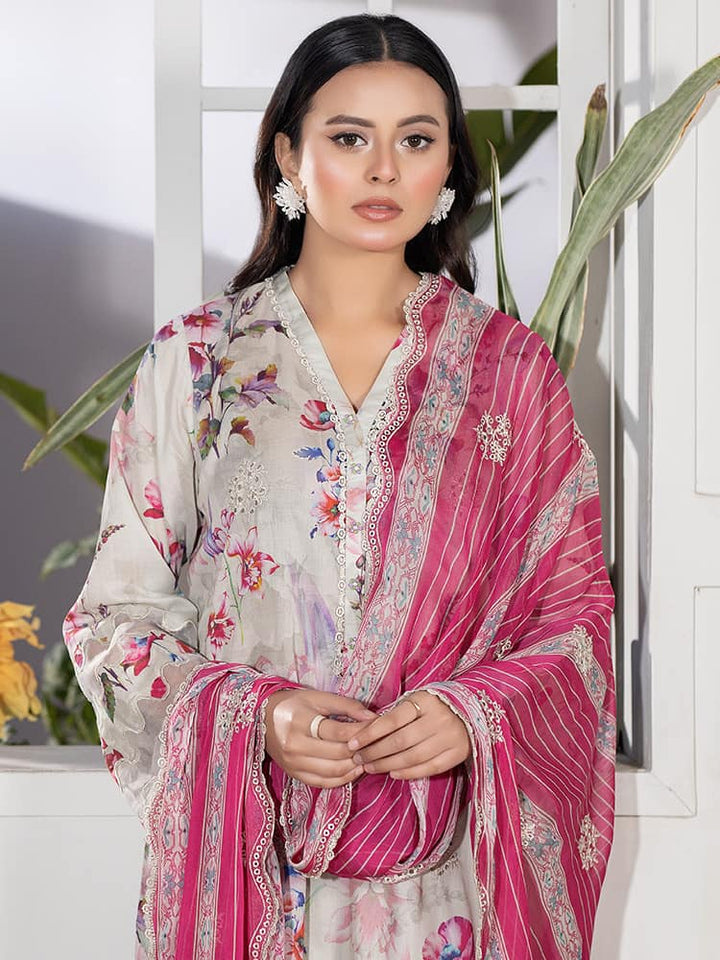 GUL PASAND Premium 3-Piece Lawn Suit with digital printed embroidery, dyed cambric cotton trousers, and embroidered chiffon dupatta.