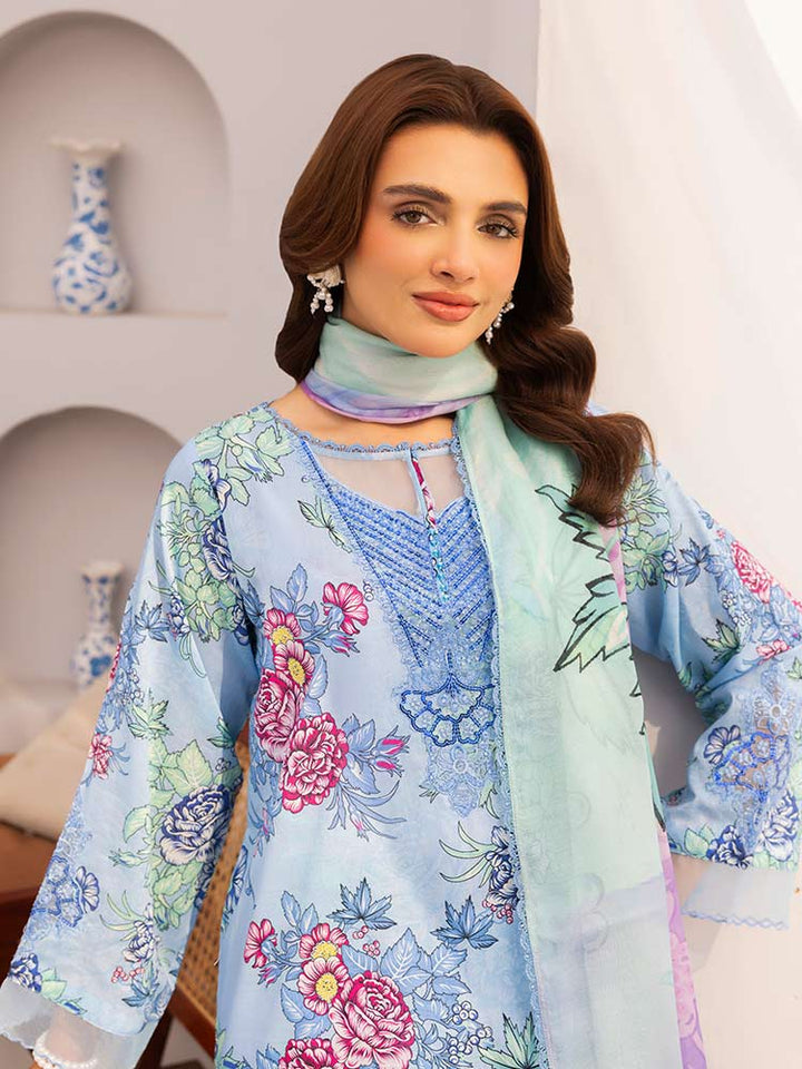 Discover the ZARIA Premium 3 Pieces Unstitched Lawn Suit, featuring digital printed lawn fabric with organza sequence embroidery. Perfect for festive occasions, this suit includes a shirt, trouser, and dupatta for a stylish and elegant look