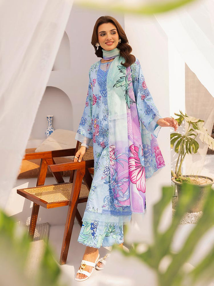 Discover the ZARIA Premium 3 Pieces Unstitched Lawn Suit, featuring digital printed lawn fabric with organza sequence embroidery. Perfect for festive occasions, this suit includes a shirt, trouser, and dupatta for a stylish and elegant look