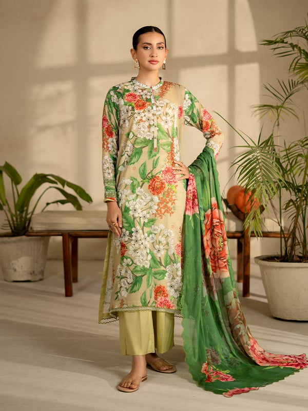 LEHRAIN 3 Pieces Unstitched Digital Printed Lawn Suit featuring a vibrant digital printed lawn shirt with organza embroidered lace sleeves, dyed cambric cotton trousers, and a matching pure lawn dupatta.