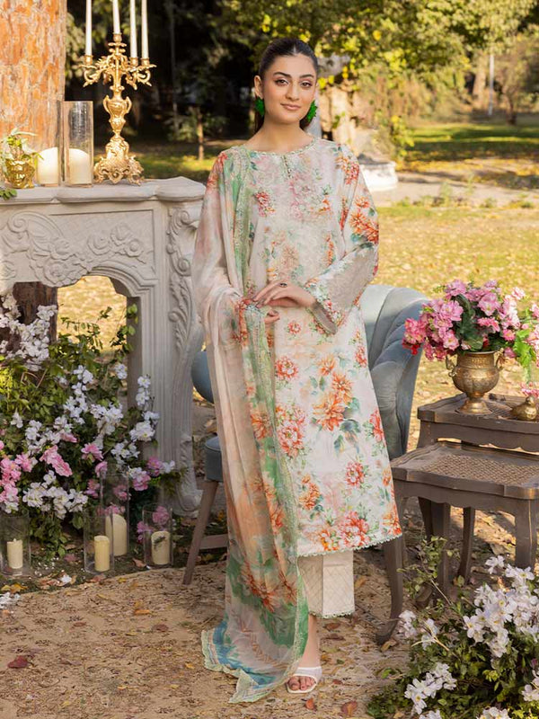 NAMAL 3 Pieces Unstitched Digital Printed Lawn Suit featuring a digital printed lawn shirt with organza embroidery, dyed cambric cotton trousers, and a bamber chiffon dupatta with embroidered cut-work details.