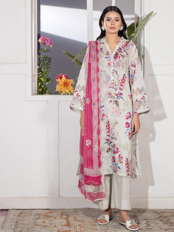 GUL PASAND Premium 3-Piece Lawn Suit with digital printed embroidery, dyed cambric cotton trousers, and embroidered chiffon dupatta.
