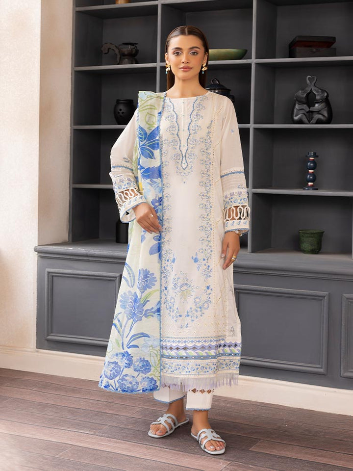 SAKURA 3 Pieces Unstitched Lawn Suit featuring an embroidered dyed luxury lawn shirt, dyed cambric cotton trousers, and a digital printed fancy lawn dupatta