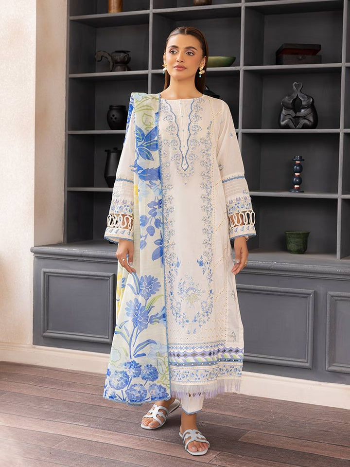 SAKURA 3 Pieces Unstitched Lawn Suit featuring an embroidered dyed luxury lawn shirt, dyed cambric cotton trousers, and a digital printed fancy lawn dupatta