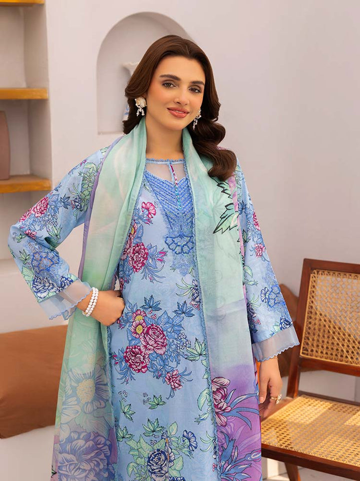 Discover the ZARIA Premium 3 Pieces Unstitched Lawn Suit, featuring digital printed lawn fabric with organza sequence embroidery. Perfect for festive occasions, this suit includes a shirt, trouser, and dupatta for a stylish and elegant look