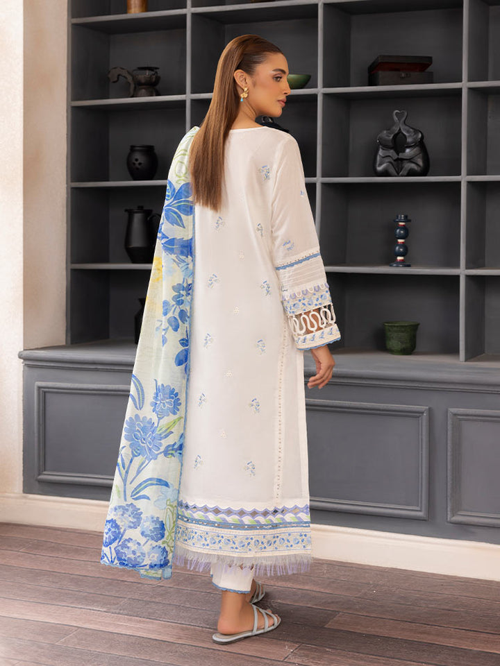 SAKURA 3 Pieces Unstitched Lawn Suit featuring an embroidered dyed luxury lawn shirt, dyed cambric cotton trousers, and a digital printed fancy lawn dupatta