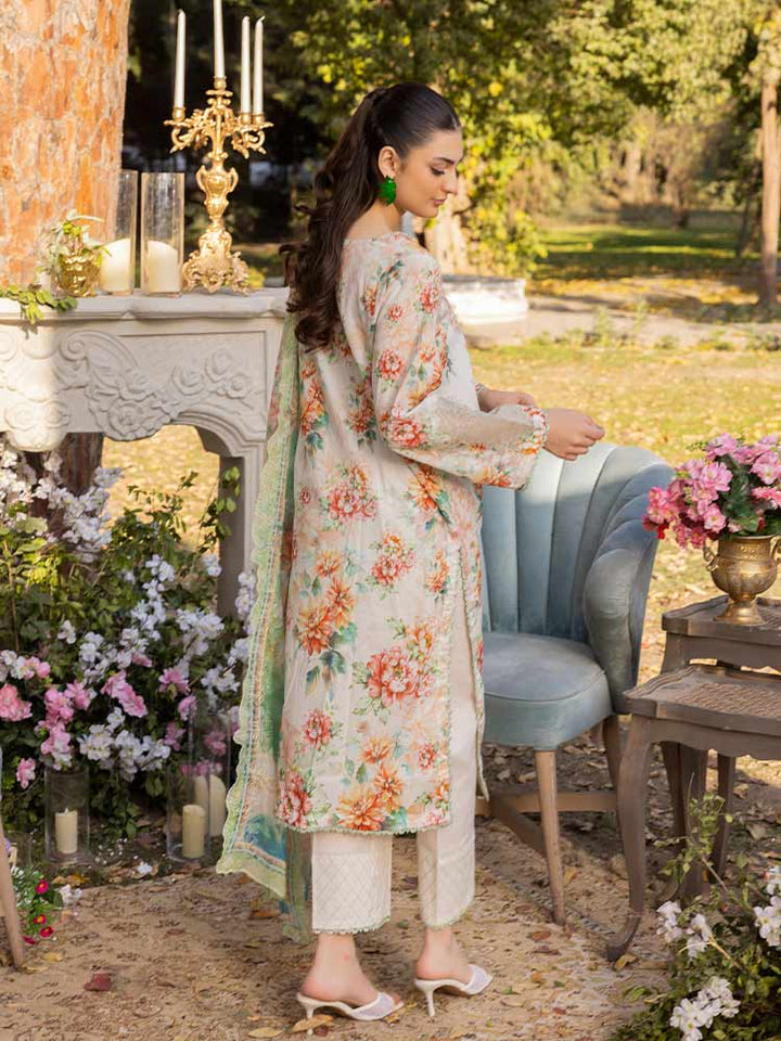 NAMAL 3 Pieces Unstitched Digital Printed Lawn Suit featuring a digital printed lawn shirt with organza embroidery, dyed cambric cotton trousers, and a bamber chiffon dupatta with embroidered cut-work details.
