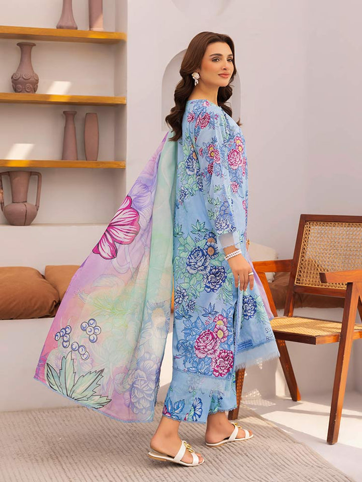 Discover the ZARIA Premium 3 Pieces Unstitched Lawn Suit, featuring digital printed lawn fabric with organza sequence embroidery. Perfect for festive occasions, this suit includes a shirt, trouser, and dupatta for a stylish and elegant look