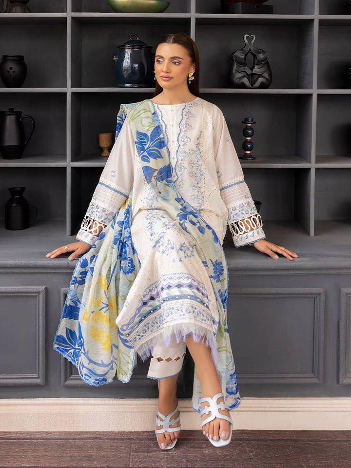 SAKURA 3 Pieces Unstitched Lawn Suit featuring an embroidered dyed luxury lawn shirt, dyed cambric cotton trousers, and a digital printed fancy lawn dupatta