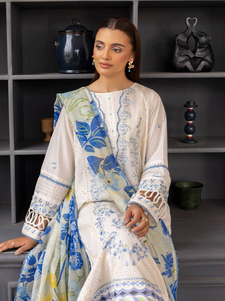 SAKURA 3 Pieces Unstitched Lawn Suit featuring an embroidered dyed luxury lawn shirt, dyed cambric cotton trousers, and a digital printed fancy lawn dupatta