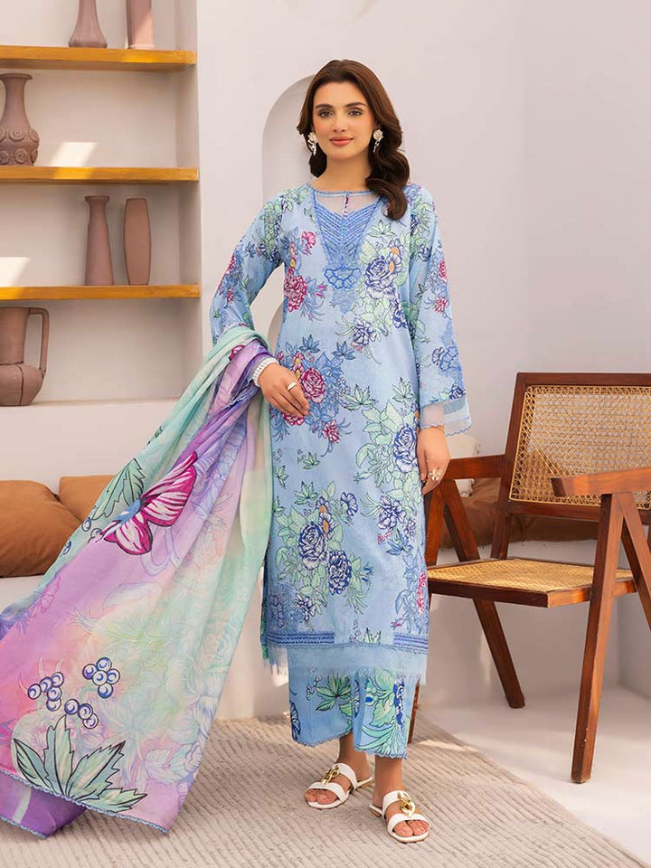 Discover the ZARIA Premium 3 Pieces Unstitched Lawn Suit, featuring digital printed lawn fabric with organza sequence embroidery. Perfect for festive occasions, this suit includes a shirt, trouser, and dupatta for a stylish and elegant look