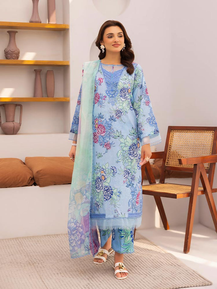 Discover the ZARIA Premium 3 Pieces Unstitched Lawn Suit, featuring digital printed lawn fabric with organza sequence embroidery. Perfect for festive occasions, this suit includes a shirt, trouser, and dupatta for a stylish and elegant look