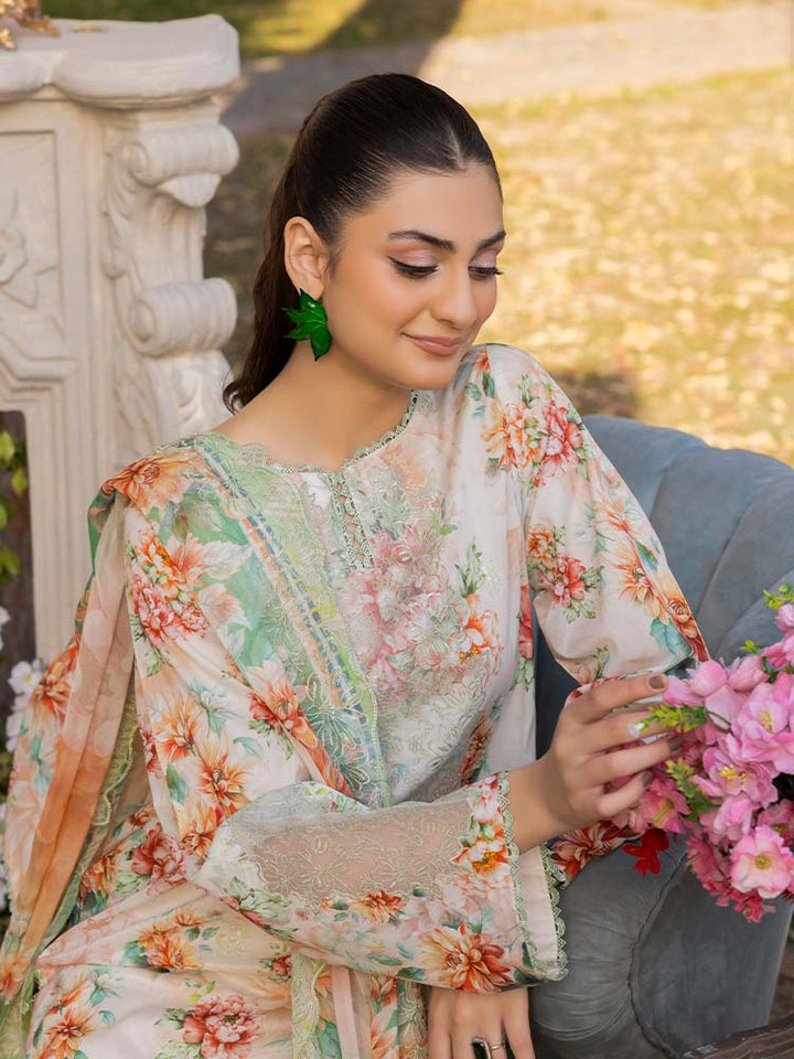 NAMAL 3 Pieces Unstitched Digital Printed Lawn Suit featuring a digital printed lawn shirt with organza embroidery, dyed cambric cotton trousers, and a bamber chiffon dupatta with embroidered cut-work details.