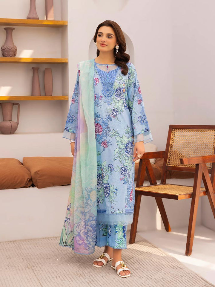 Discover the ZARIA Premium 3 Pieces Unstitched Lawn Suit, featuring digital printed lawn fabric with organza sequence embroidery. Perfect for festive occasions, this suit includes a shirt, trouser, and dupatta for a stylish and elegant look