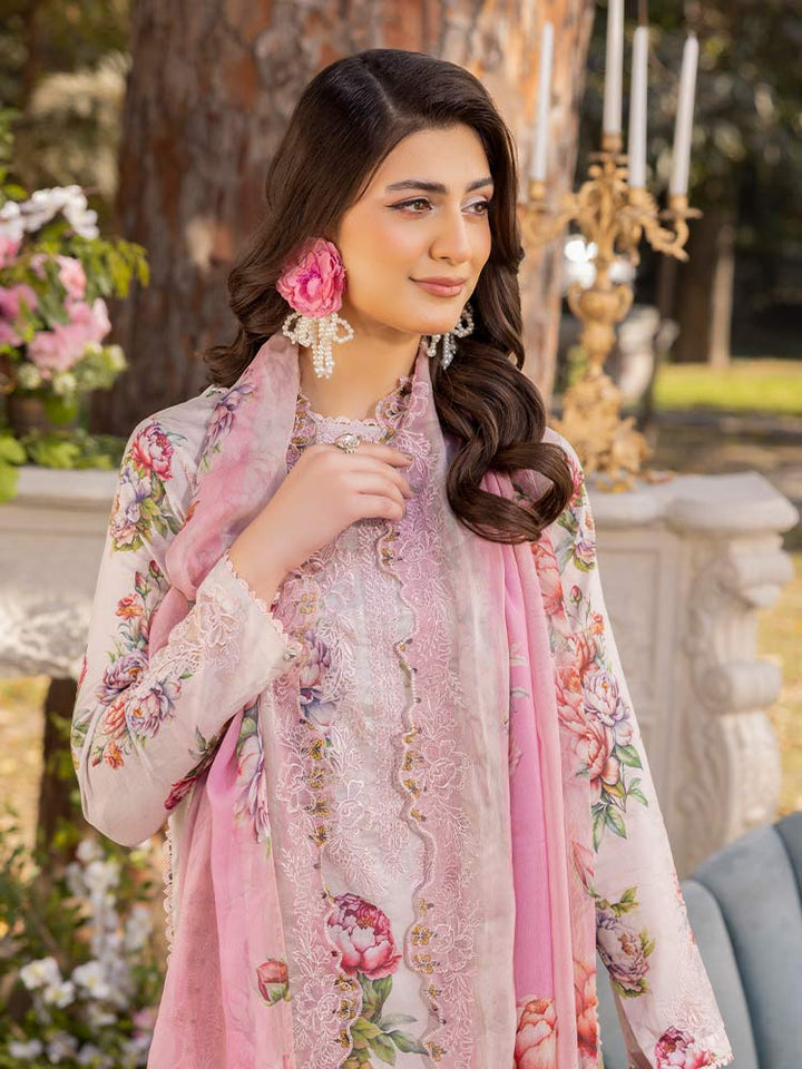 NAMAL 3 Pieces Unstitched Digital Printed Lawn Suit featuring a digital printed lawn shirt with organza embroidery, dyed cambric cotton trousers, and a bamber chiffon dupatta with embroidered cut-work details.