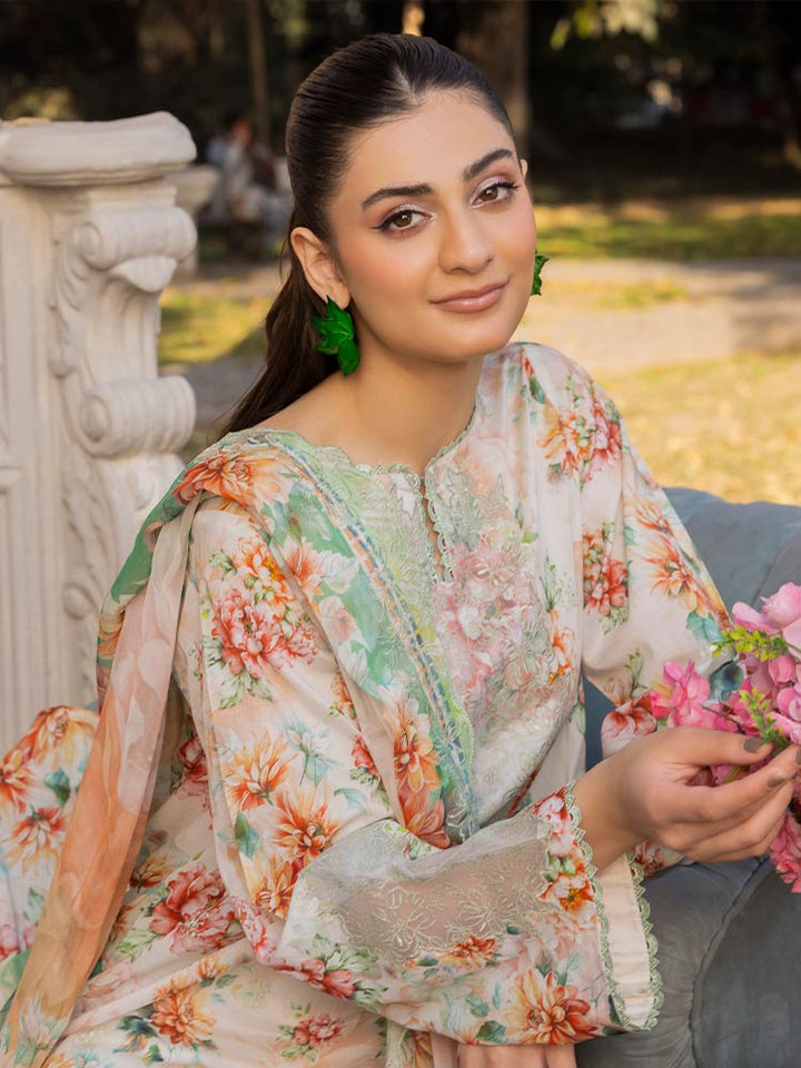 NAMAL 3 Pieces Unstitched Digital Printed Lawn Suit featuring a digital printed lawn shirt with organza embroidery, dyed cambric cotton trousers, and a bamber chiffon dupatta with embroidered cut-work details.