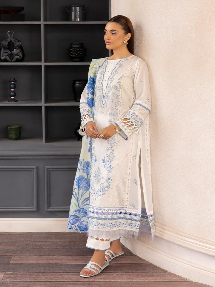 SAKURA 3 Pieces Unstitched Lawn Suit featuring an embroidered dyed luxury lawn shirt, dyed cambric cotton trousers, and a digital printed fancy lawn dupatta