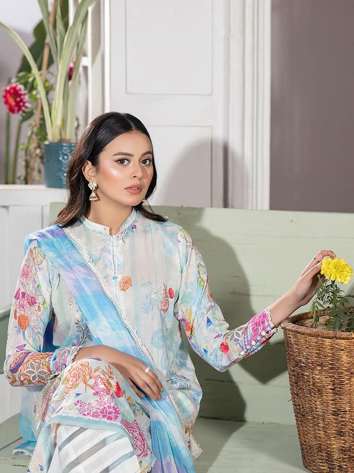 GUL PASAND Premium 3-Piece Lawn Suit with digital printed embroidery, dyed cambric cotton trousers, and embroidered chiffon dupatta.