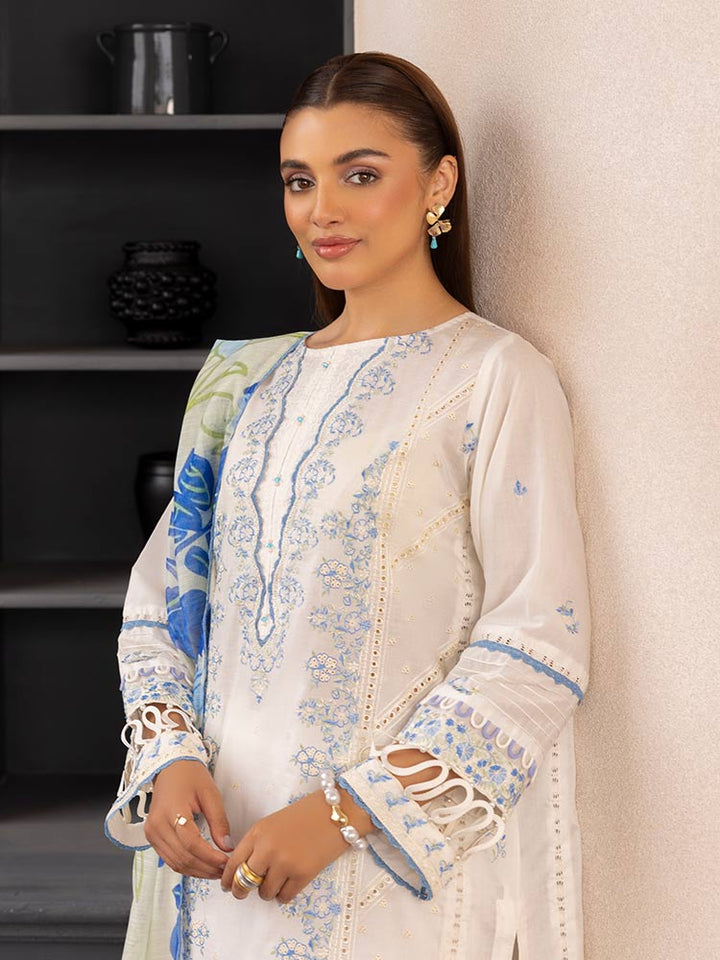 SAKURA 3 Pieces Unstitched Lawn Suit featuring an embroidered dyed luxury lawn shirt, dyed cambric cotton trousers, and a digital printed fancy lawn dupatta