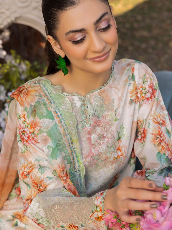 NAMAL 3 Pieces Unstitched Digital Printed Lawn Suit featuring a digital printed lawn shirt with organza embroidery, dyed cambric cotton trousers, and a bamber chiffon dupatta with embroidered cut-work details.