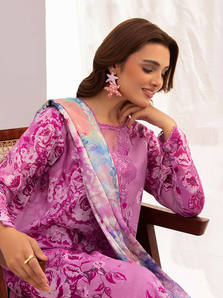 Discover the ZARIA Premium 3 Pieces Unstitched Lawn Suit, featuring digital printed lawn fabric with organza sequence embroidery. Perfect for festive occasions, this suit includes a shirt, trouser, and dupatta for a stylish and elegant look