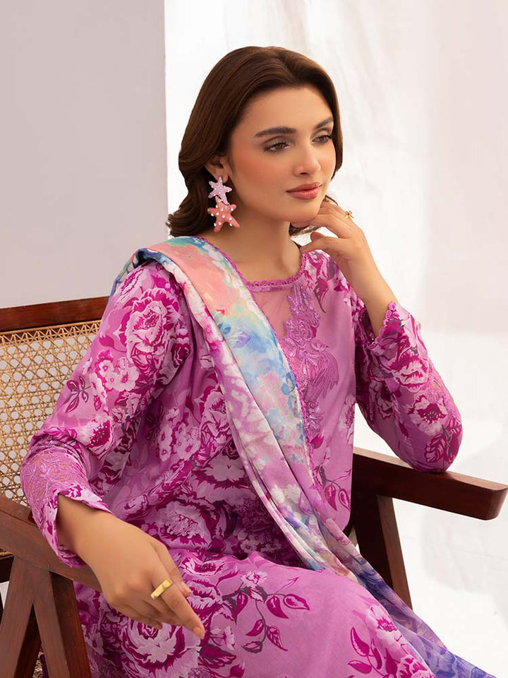 Discover the ZARIA Premium 3 Pieces Unstitched Lawn Suit, featuring digital printed lawn fabric with organza sequence embroidery. Perfect for festive occasions, this suit includes a shirt, trouser, and dupatta for a stylish and elegant look