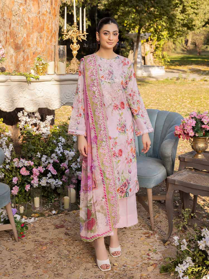 NAMAL 3 Pieces Unstitched Digital Printed Lawn Suit featuring a digital printed lawn shirt with organza embroidery, dyed cambric cotton trousers, and a bamber chiffon dupatta with embroidered cut-work details.