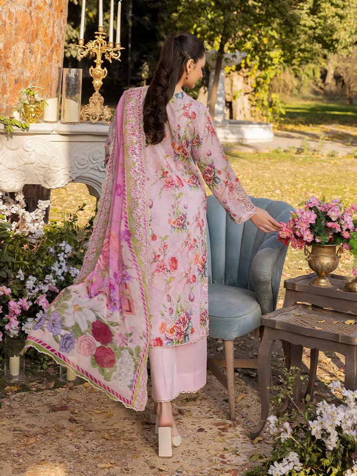 NAMAL 3 Pieces Unstitched Digital Printed Lawn Suit featuring a digital printed lawn shirt with organza embroidery, dyed cambric cotton trousers, and a bamber chiffon dupatta with embroidered cut-work details.