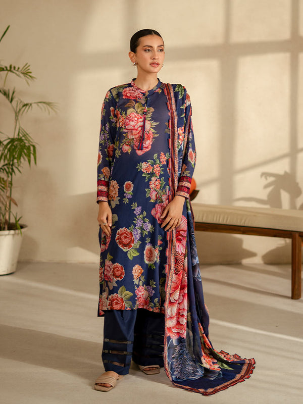 LEHRAIN 3 Pieces Unstitched Digital Printed Lawn Suit featuring a vibrant digital printed lawn shirt with organza embroidered lace sleeves, dyed cambric cotton trousers, and a matching pure lawn dupatta.