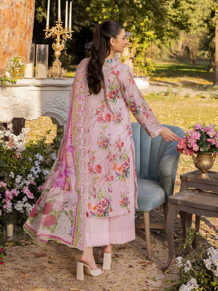 NAMAL 3 Pieces Unstitched Digital Printed Lawn Suit featuring a digital printed lawn shirt with organza embroidery, dyed cambric cotton trousers, and a bamber chiffon dupatta with embroidered cut-work details.