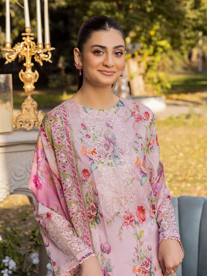 NAMAL 3 Pieces Unstitched Digital Printed Lawn Suit featuring a digital printed lawn shirt with organza embroidery, dyed cambric cotton trousers, and a bamber chiffon dupatta with embroidered cut-work details.