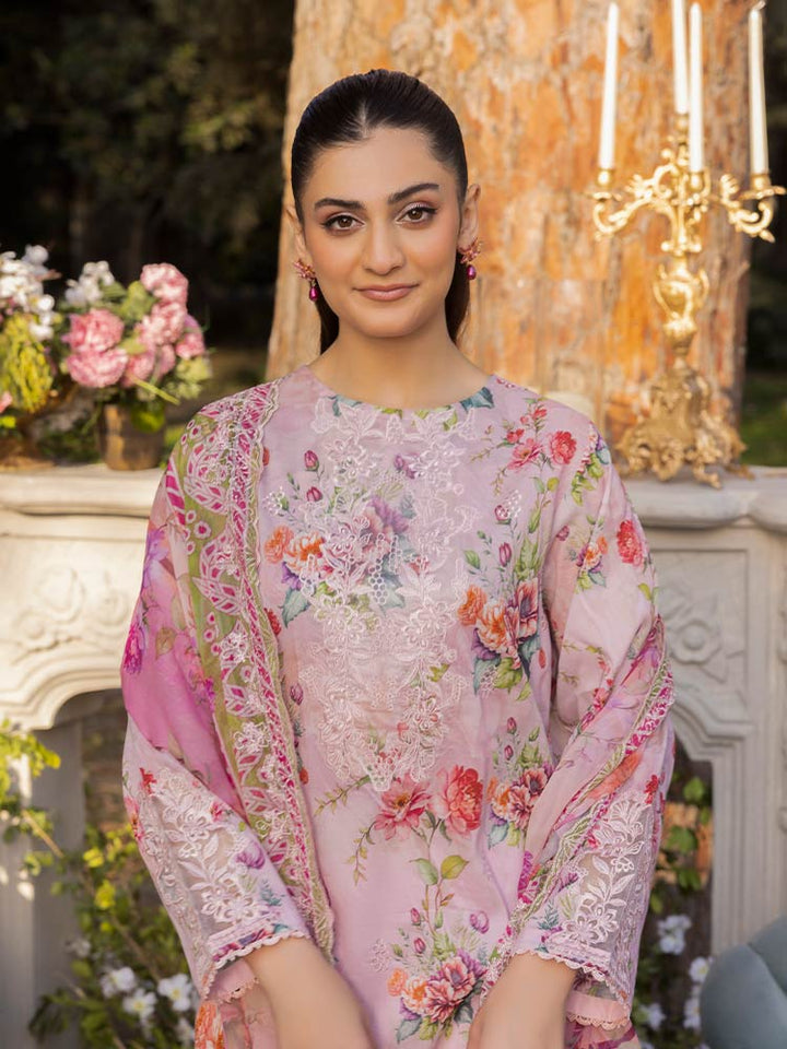 NAMAL 3 Pieces Unstitched Digital Printed Lawn Suit featuring a digital printed lawn shirt with organza embroidery, dyed cambric cotton trousers, and a bamber chiffon dupatta with embroidered cut-work details.