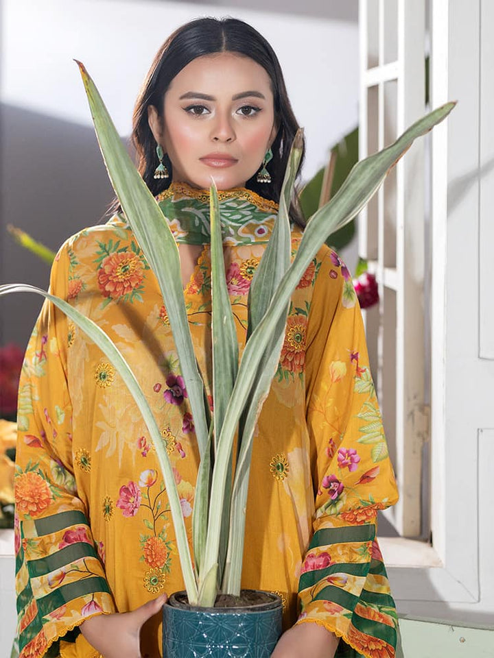 GUL PASAND Premium 3-Piece Lawn Suit with digital printed embroidery, dyed cambric cotton trousers, and embroidered chiffon dupatta.