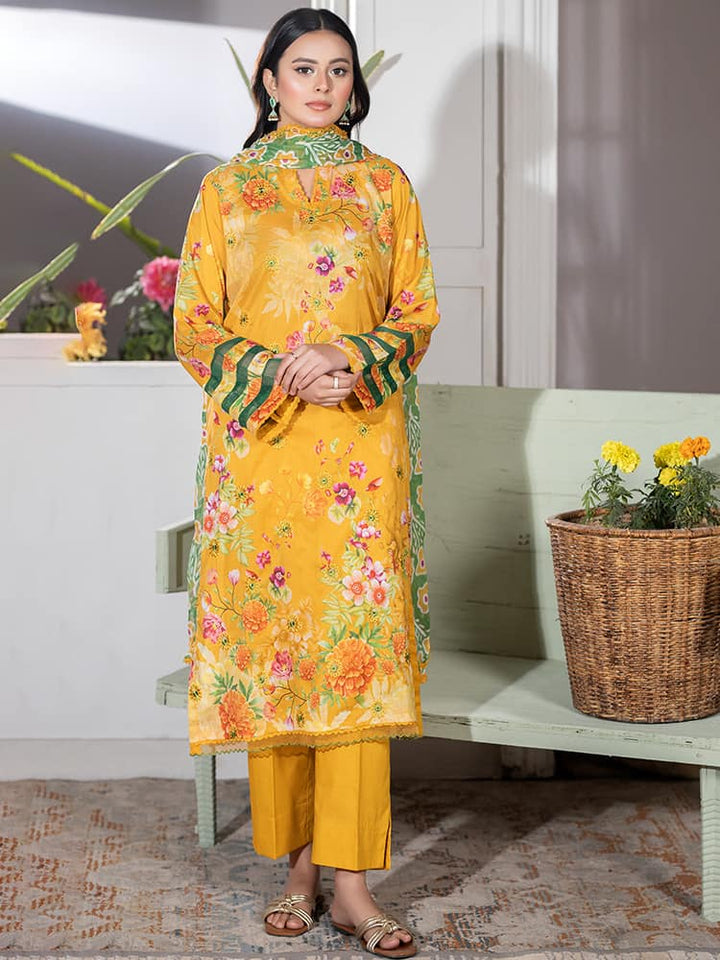 GUL PASAND Premium 3-Piece Lawn Suit with digital printed embroidery, dyed cambric cotton trousers, and embroidered chiffon dupatta.