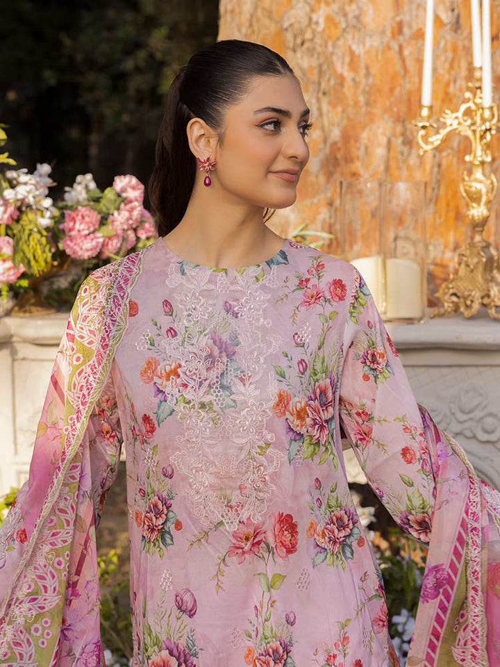 NAMAL 3 Pieces Unstitched Digital Printed Lawn Suit featuring a digital printed lawn shirt with organza embroidery, dyed cambric cotton trousers, and a bamber chiffon dupatta with embroidered cut-work details.