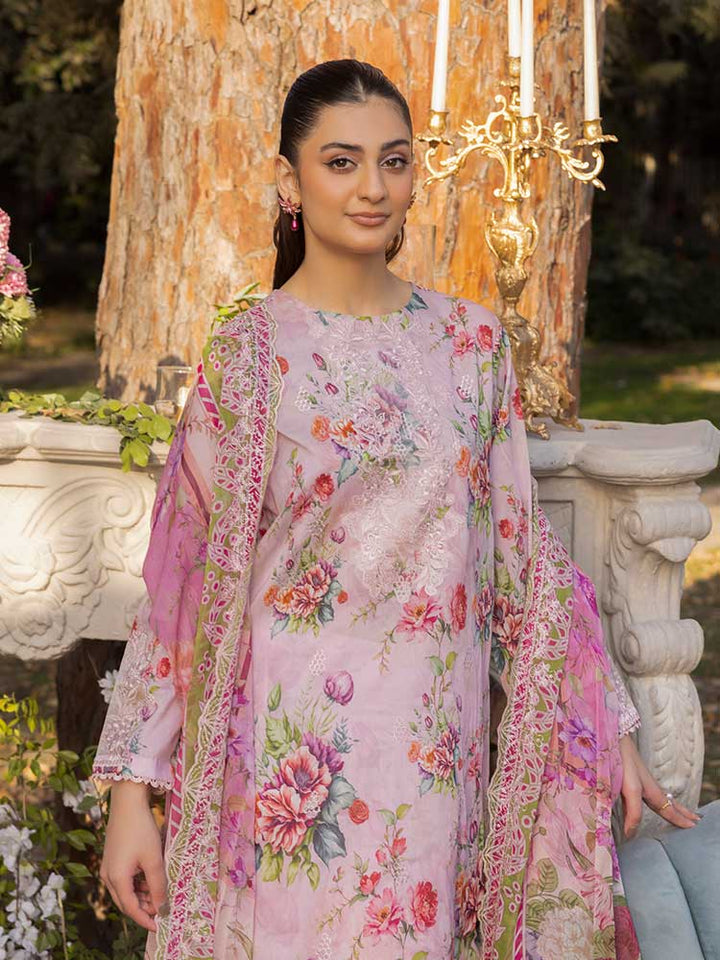 NAMAL 3 Pieces Unstitched Digital Printed Lawn Suit featuring a digital printed lawn shirt with organza embroidery, dyed cambric cotton trousers, and a bamber chiffon dupatta with embroidered cut-work details.