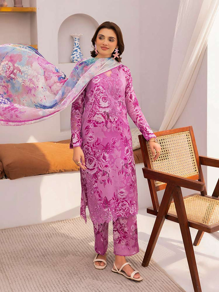 Discover the ZARIA Premium 3 Pieces Unstitched Lawn Suit, featuring digital printed lawn fabric with organza sequence embroidery. Perfect for festive occasions, this suit includes a shirt, trouser, and dupatta for a stylish and elegant look