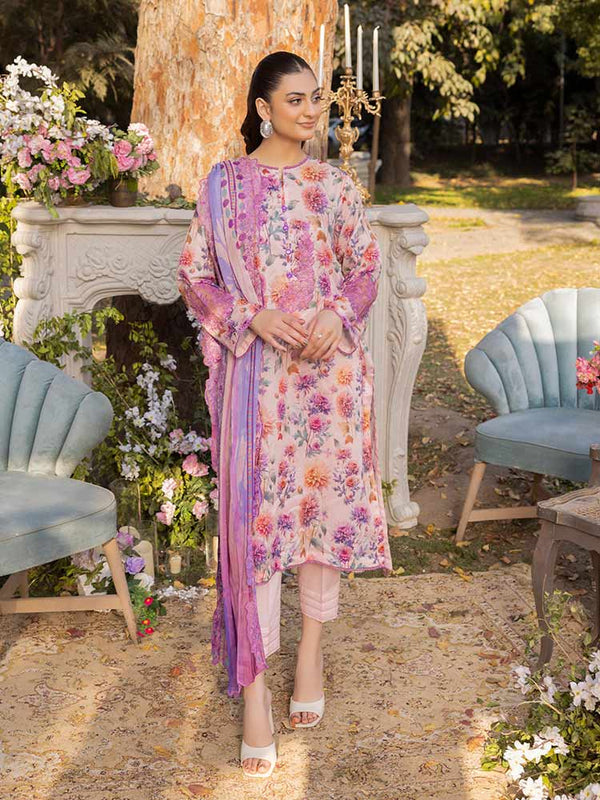 NAMAL 3 Pieces Unstitched Digital Printed Lawn Suit featuring a digital printed lawn shirt with organza embroidery, dyed cambric cotton trousers, and a bamber chiffon dupatta with embroidered cut-work details.
