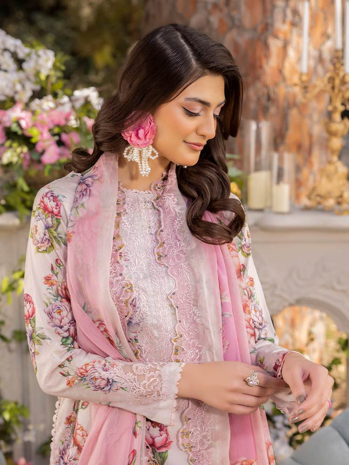 NAMAL 3 Pieces Unstitched Digital Printed Lawn Suit featuring a digital printed lawn shirt with organza embroidery, dyed cambric cotton trousers, and a bamber chiffon dupatta with embroidered cut-work details.