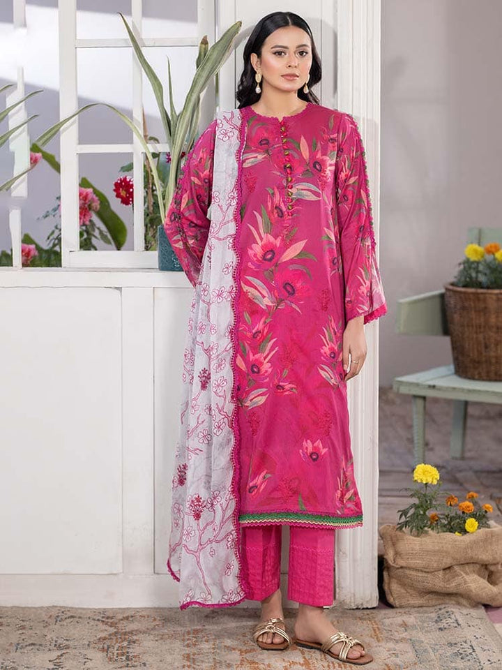 GULPASAND Premium 3-Piece Lawn Suit with digital printed embroidery, dyed cambric cotton trousers, and embroidered chiffon dupatta.
