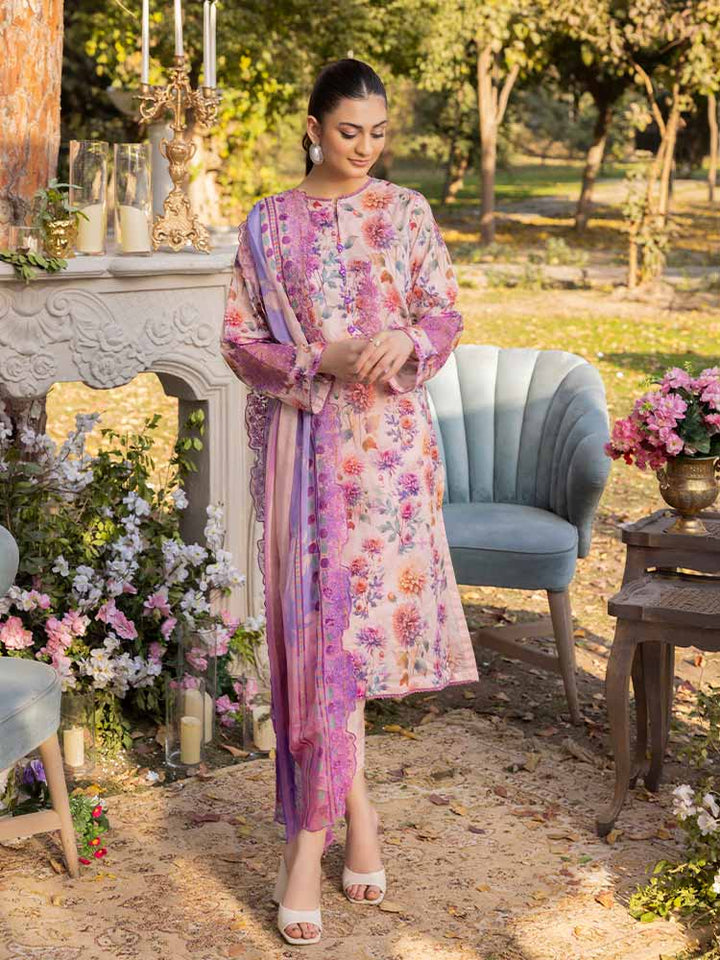 NAMAL 3 Pieces Unstitched Digital Printed Lawn Suit featuring a digital printed lawn shirt with organza embroidery, dyed cambric cotton trousers, and a bamber chiffon dupatta with embroidered cut-work details.