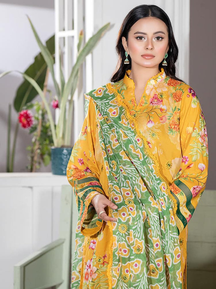 GUL PASAND Premium 3-Piece Lawn Suit with digital printed embroidery, dyed cambric cotton trousers, and embroidered chiffon dupatta.