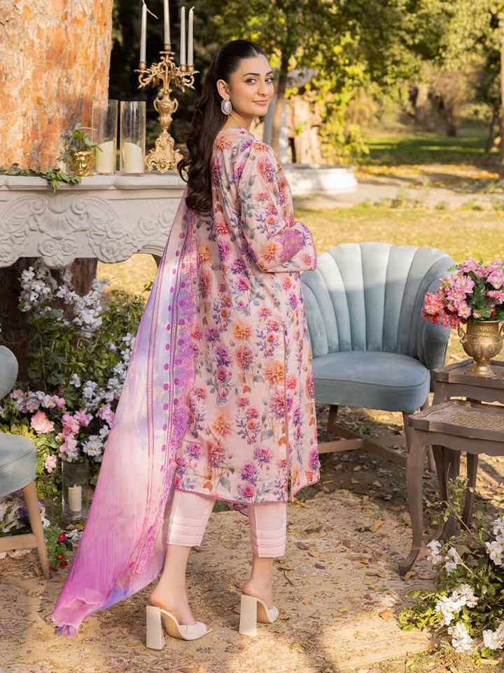 NAMAL 3 Pieces Unstitched Digital Printed Lawn Suit featuring a digital printed lawn shirt with organza embroidery, dyed cambric cotton trousers, and a bamber chiffon dupatta with embroidered cut-work details.