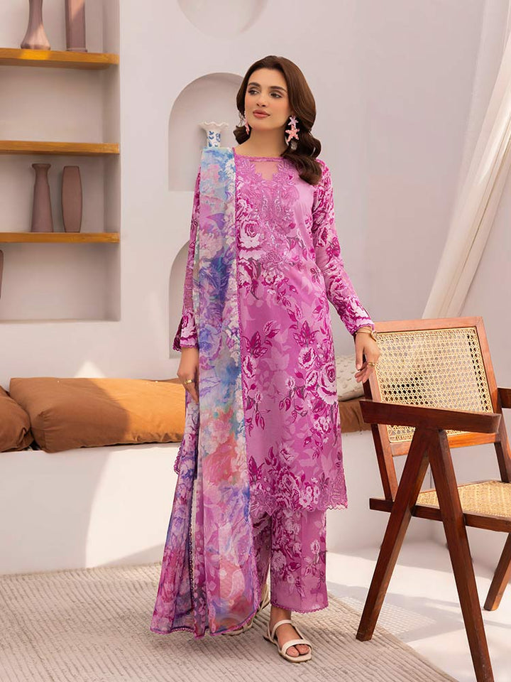 Discover the ZARIA Premium 3 Pieces Unstitched Lawn Suit, featuring digital printed lawn fabric with organza sequence embroidery. Perfect for festive occasions, this suit includes a shirt, trouser, and dupatta for a stylish and elegant look