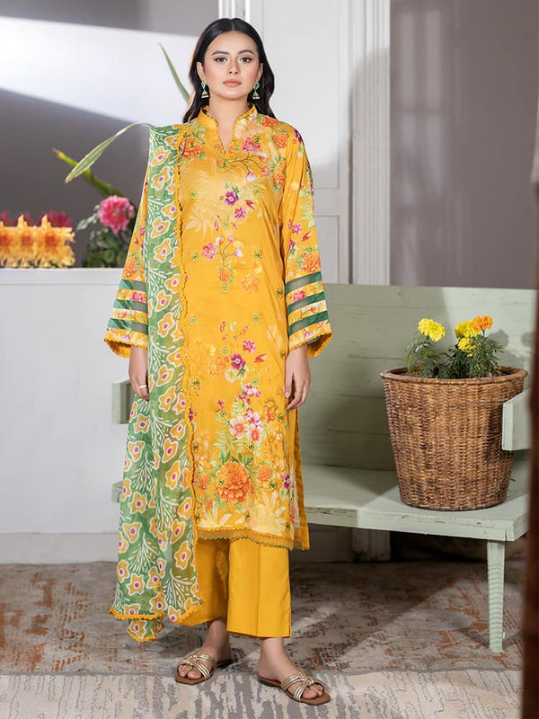 GUL PASAND Premium 3-Piece Lawn Suit with digital printed embroidery, dyed cambric cotton trousers, and embroidered chiffon dupatta.