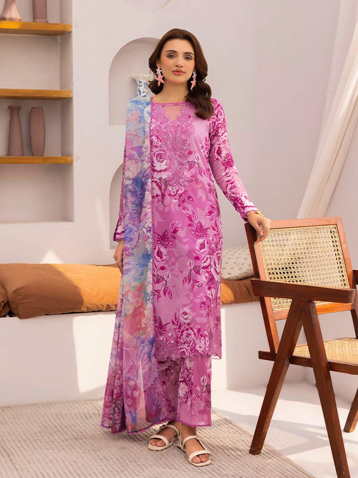 Discover the ZARIA Premium 3 Pieces Unstitched Lawn Suit, featuring digital printed lawn fabric with organza sequence embroidery. Perfect for festive occasions, this suit includes a shirt, trouser, and dupatta for a stylish and elegant look
