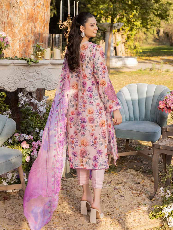 NAMAL 3 Pieces Unstitched Digital Printed Lawn Suit featuring a digital printed lawn shirt with organza embroidery, dyed cambric cotton trousers, and a bamber chiffon dupatta with embroidered cut-work details.