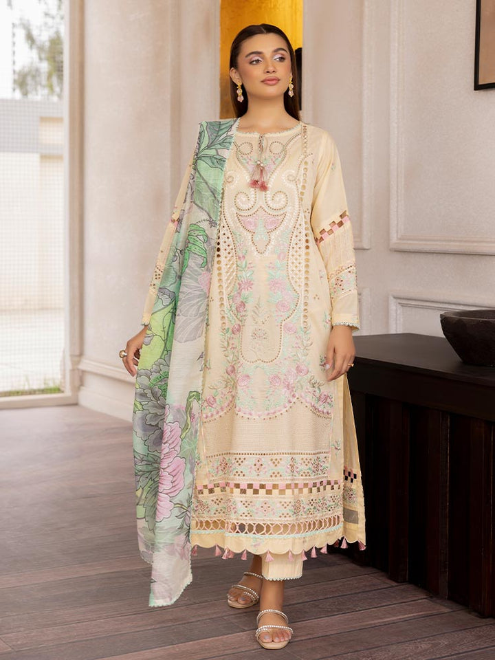 SAKURA 3 Pieces Unstitched Lawn Suit featuring an embroidered dyed luxury lawn shirt, dyed cambric cotton trousers, and a digital printed fancy lawn dupatta