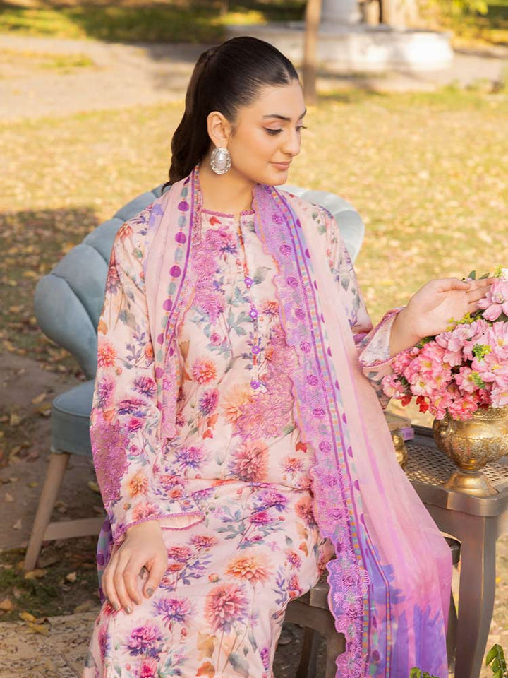 NAMAL 3 Pieces Unstitched Digital Printed Lawn Suit featuring a digital printed lawn shirt with organza embroidery, dyed cambric cotton trousers, and a bamber chiffon dupatta with embroidered cut-work details.