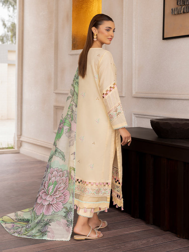 SAKURA 3 Pieces Unstitched Lawn Suit featuring an embroidered dyed luxury lawn shirt, dyed cambric cotton trousers, and a digital printed fancy lawn dupatta